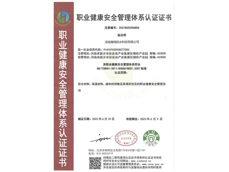 職業(yè)健康安全管理體系認證證書
